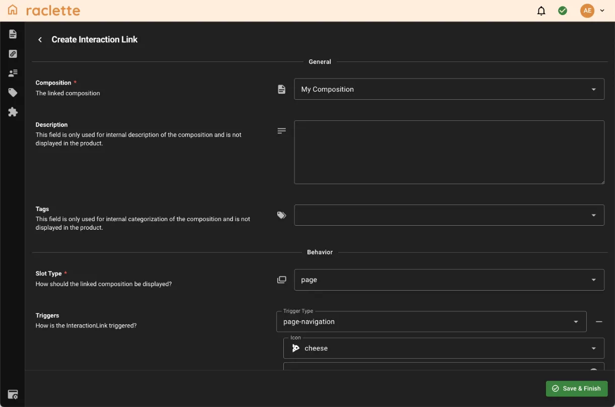 Workbench form for creating an interaction link: composition, slot type, and triggers